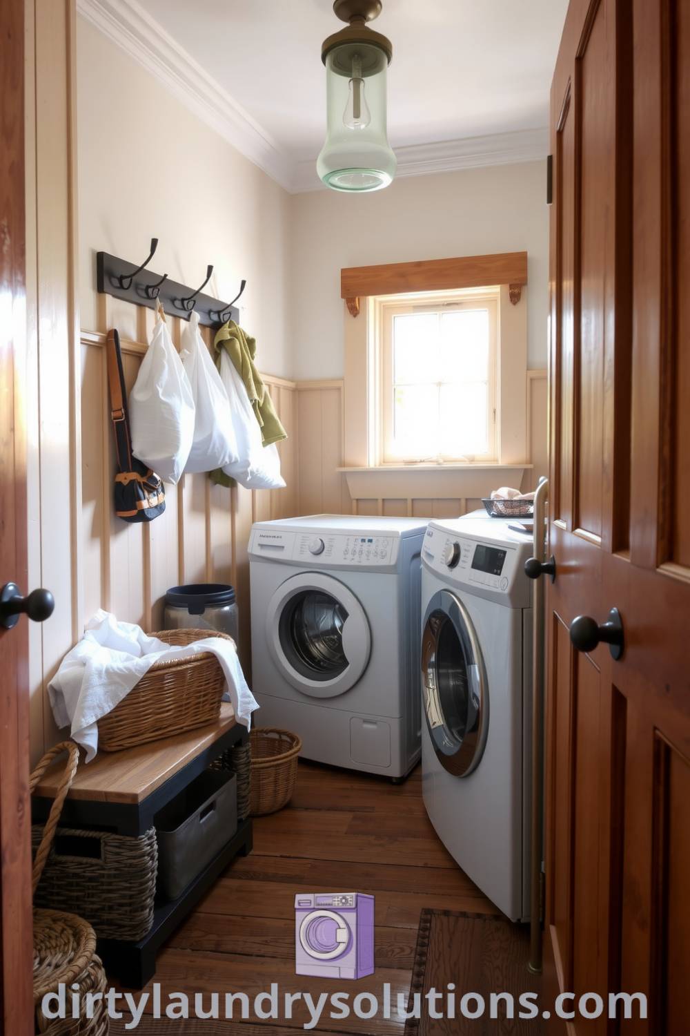 Cozy hallway laundry with warm wooden cabinetry, vintage hooks, and soft lighting, creating an inviting and practical space for sorting and folding. Discover more cozy ideas for your home at dirtylaundrysolutions.com.