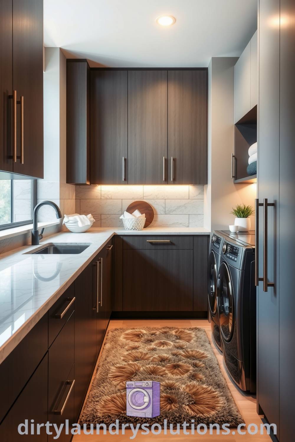 Stylish luxury laundry hallway featuring polished stone countertops, contemporary cabinetry, and plush rug, exuding a cozy aesthetic perfect for home inspiration and organization ideas. Discover more inspiring cozy ideas for your home at dirtylaundrysolutions.com.