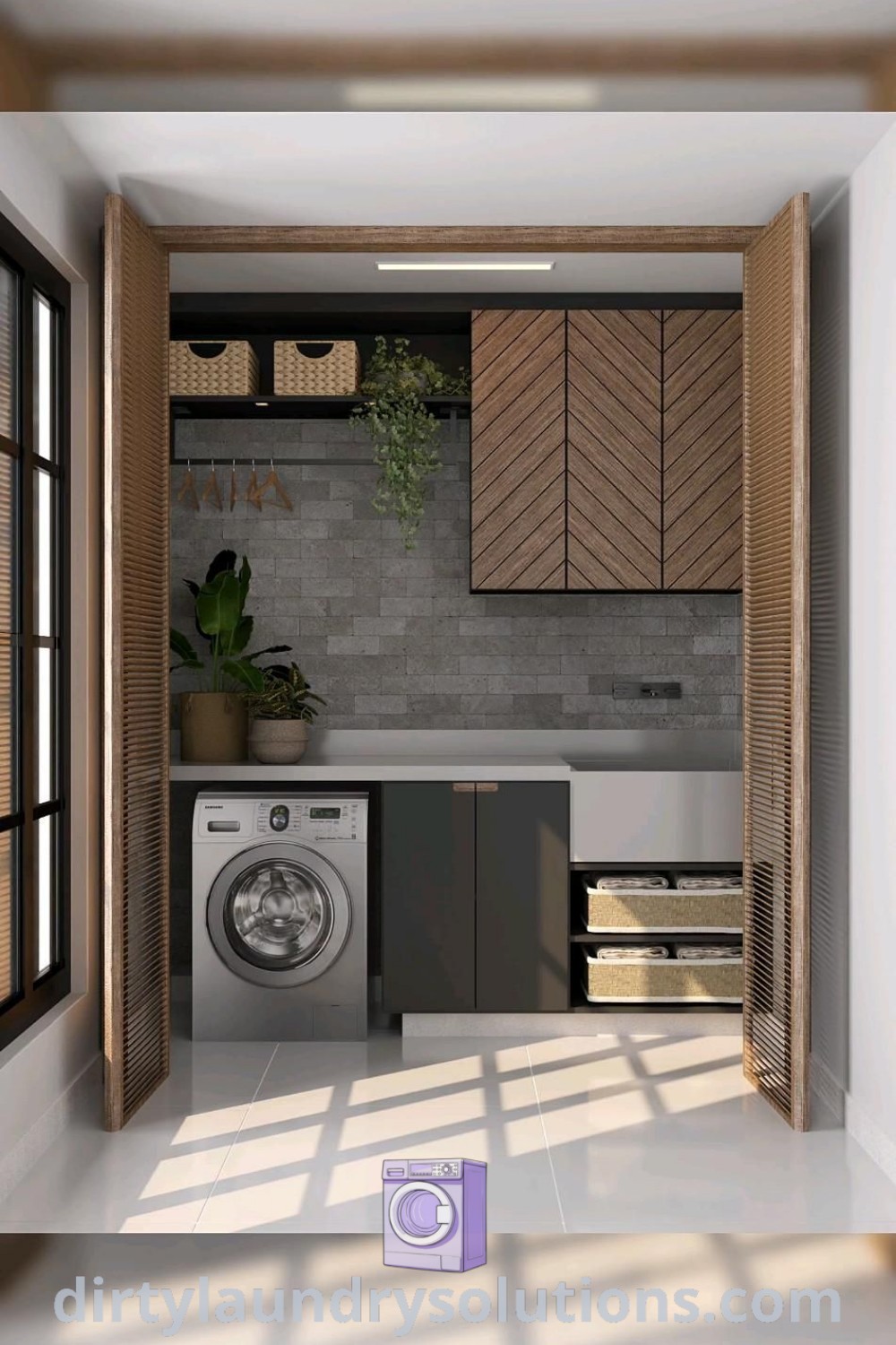 A cozy outdoor laundry area on a balcony featuring washer and dryer, surrounded by potted plants and organized storage solutions. Discover more inspiring ideas for your home at dirtylaundrysolutions.com.