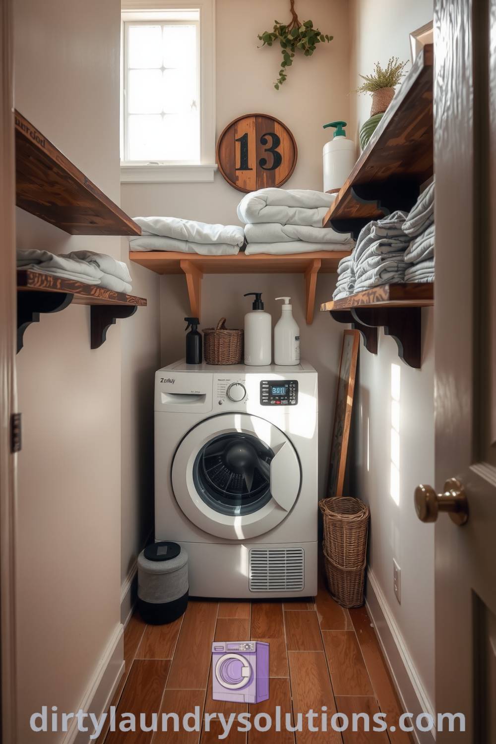 Cozy laundry room with compact washer and dryer, rustic wooden shelves filled with linens, soft lighting from a window, and a warm atmosphere, ideal for small spaces. Explore unique ideas for your home at dirtylaundrysolutions.com.