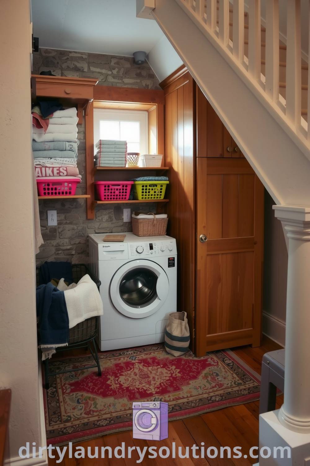 Cozy laundry nook under the stairs featuring warm wooden shelves, neatly folded towels, vibrant laundry baskets, and a vintage rug, creating an inviting and practical space. Discover inspiring designs and ideas for your home at dirtylaundrysolutions.com.