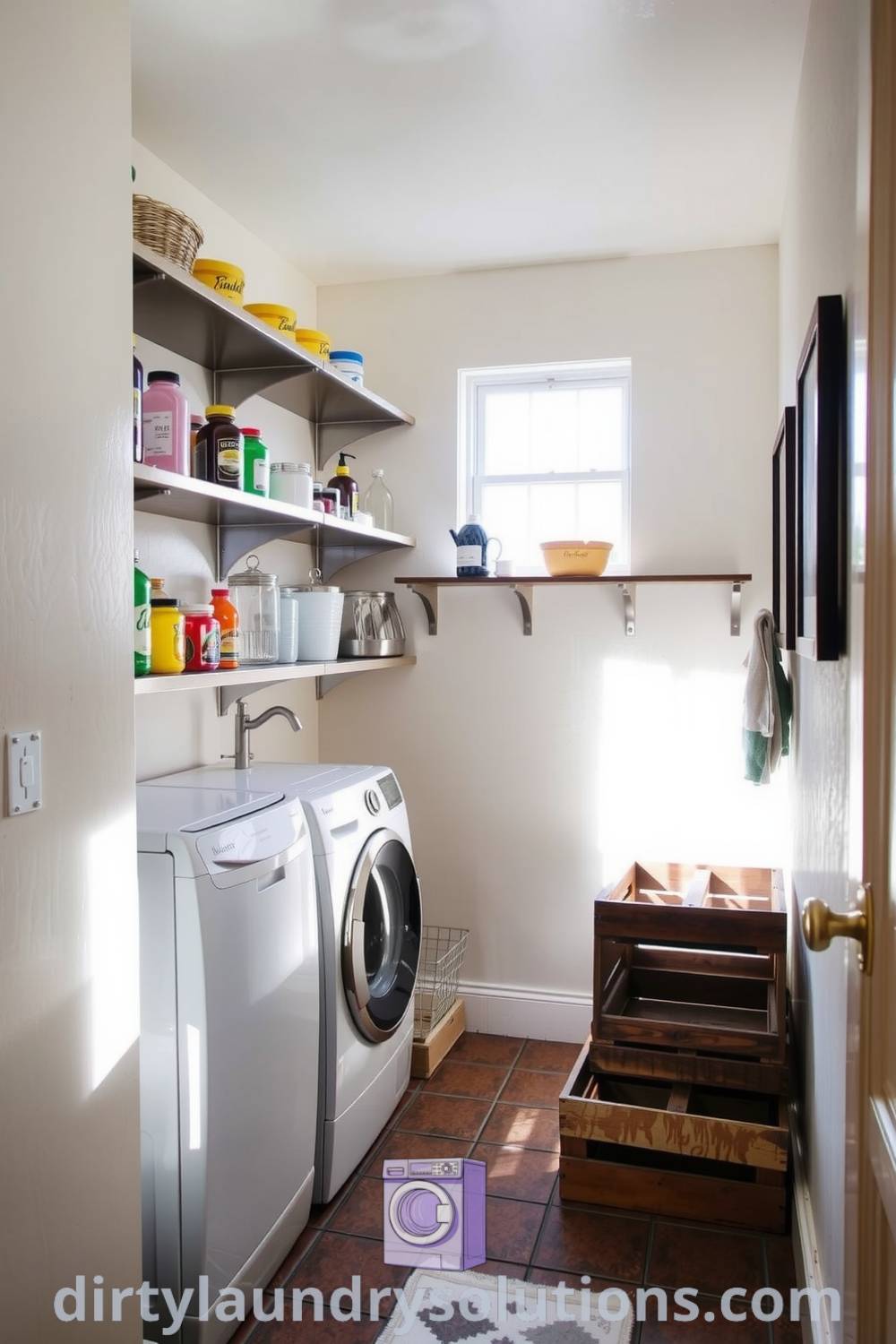 Cozy retro-inspired laundry hallway with pastel walls, vintage tile flooring, colorful glass jars on brushed metal shelves, and wooden crates for storage, offering inspiring ideas for small spaces. Discover more unique ideas for your home at dirtylaundrysolutions.com.