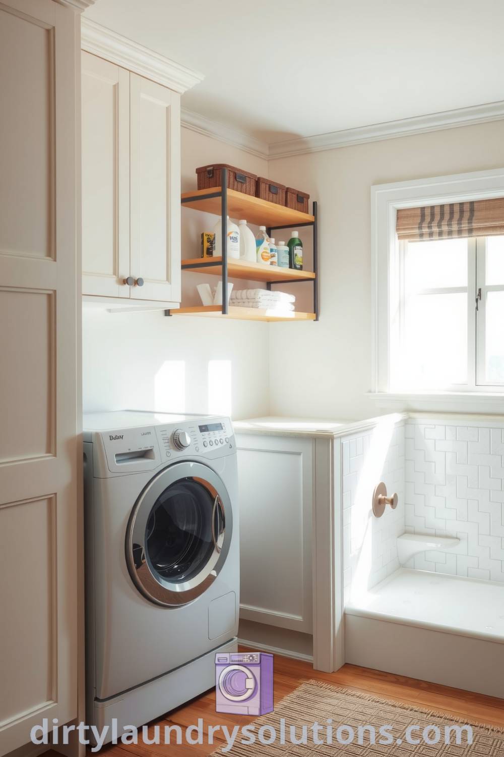 Cozy and bright laundry room featuring a washer and dryer, pet wash station, rustic wooden shelves, and soft hues that create a warm atmosphere. Discover inspiring home design ideas that you must try at dirtylaundrysolutions.com.