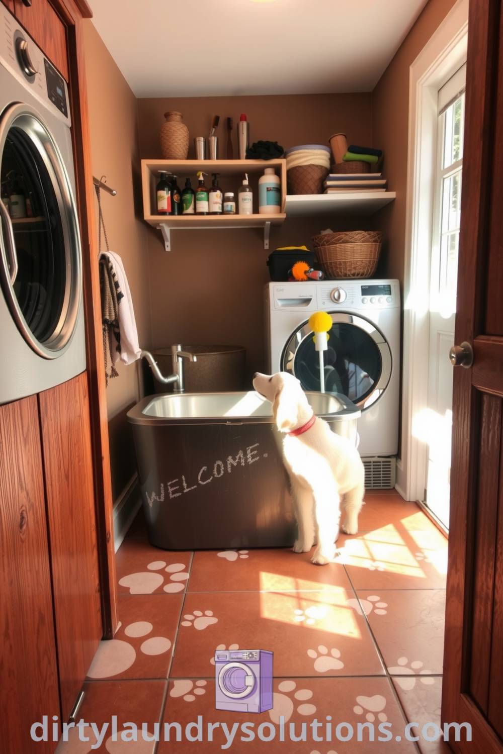 Cozy pet wash station in a sunny laundry room featuring a stainless steel tub, playful paw prints, colorful grooming supplies, and practical storage solutions that inspire comfort and organization for busy homes. Explore more unique ideas for your home at dirtylaundrysolutions.com.