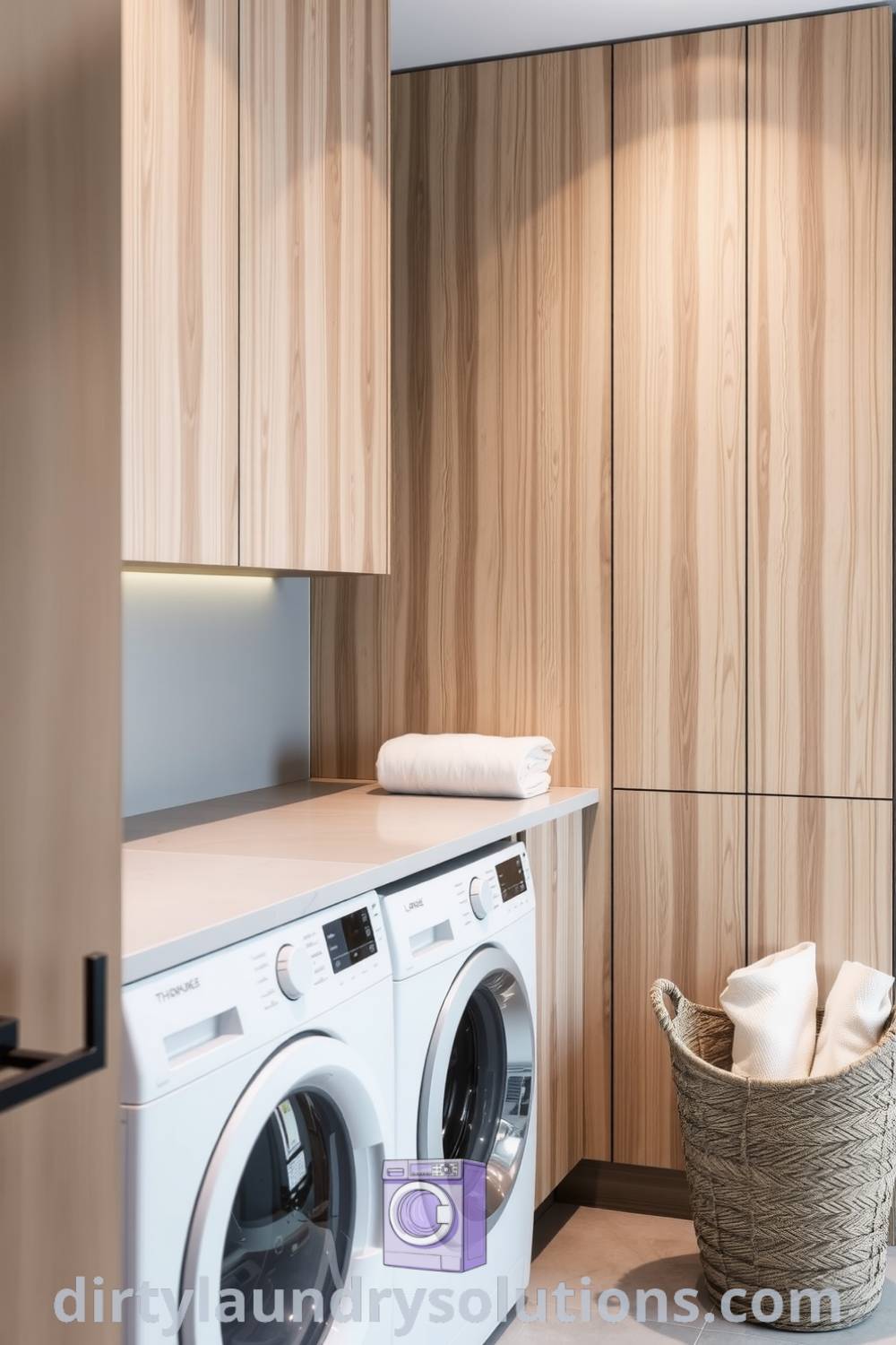 Modern hallway laundry with sleek light wood cabinetry, soft gray walls, and stone countertop, creating a cozy atmosphere with efficient storage solutions. Discover inspiring ideas for your home at dirtylaundrysolutions.com.