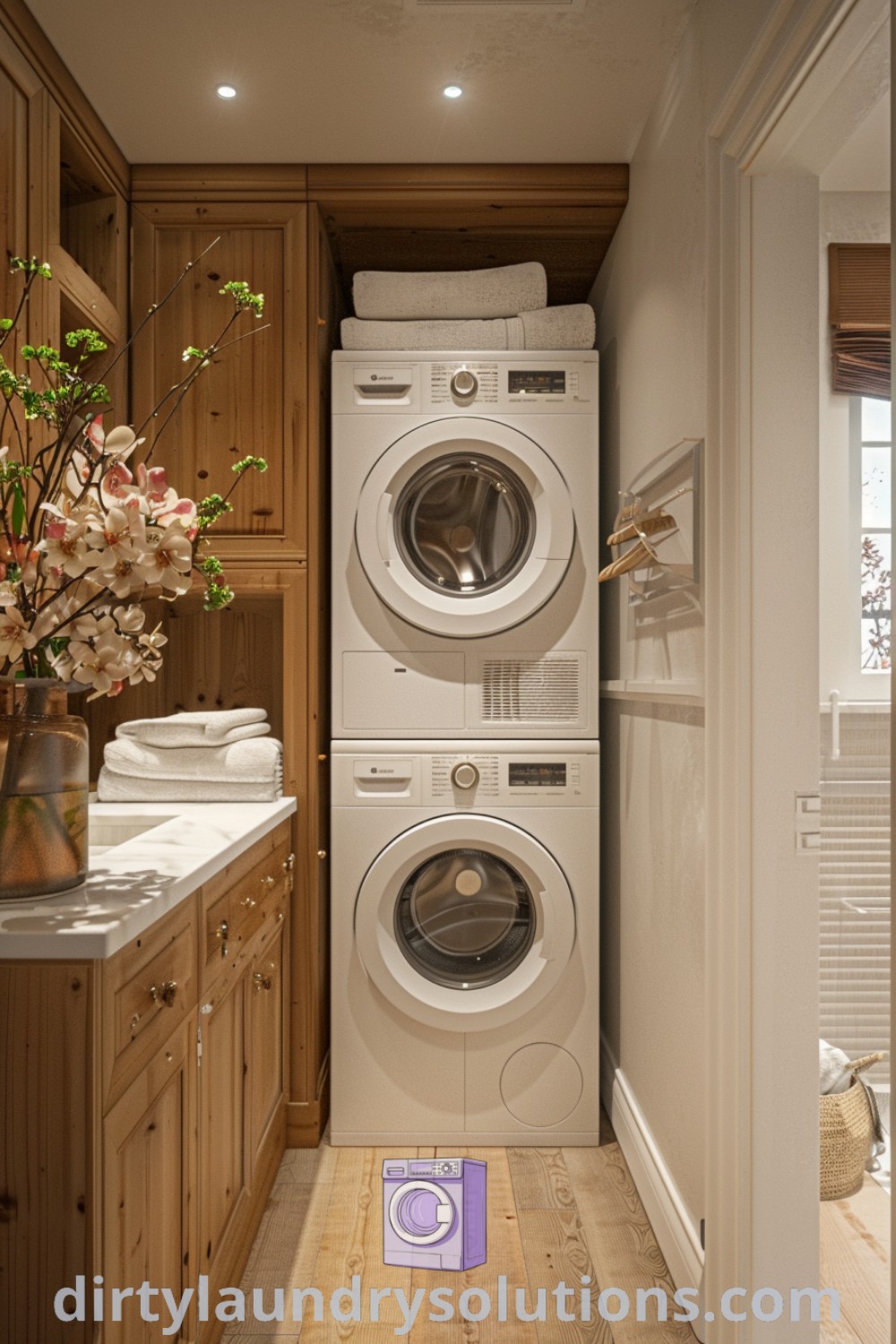 A compact laundry room with a stackable washer and dryer surrounded by wooden cabinets, showcasing small laundry room ideas and organization solutions that enhance the cozy aesthetic. Discover more inspirations at dirtylaundrysolutions.com.