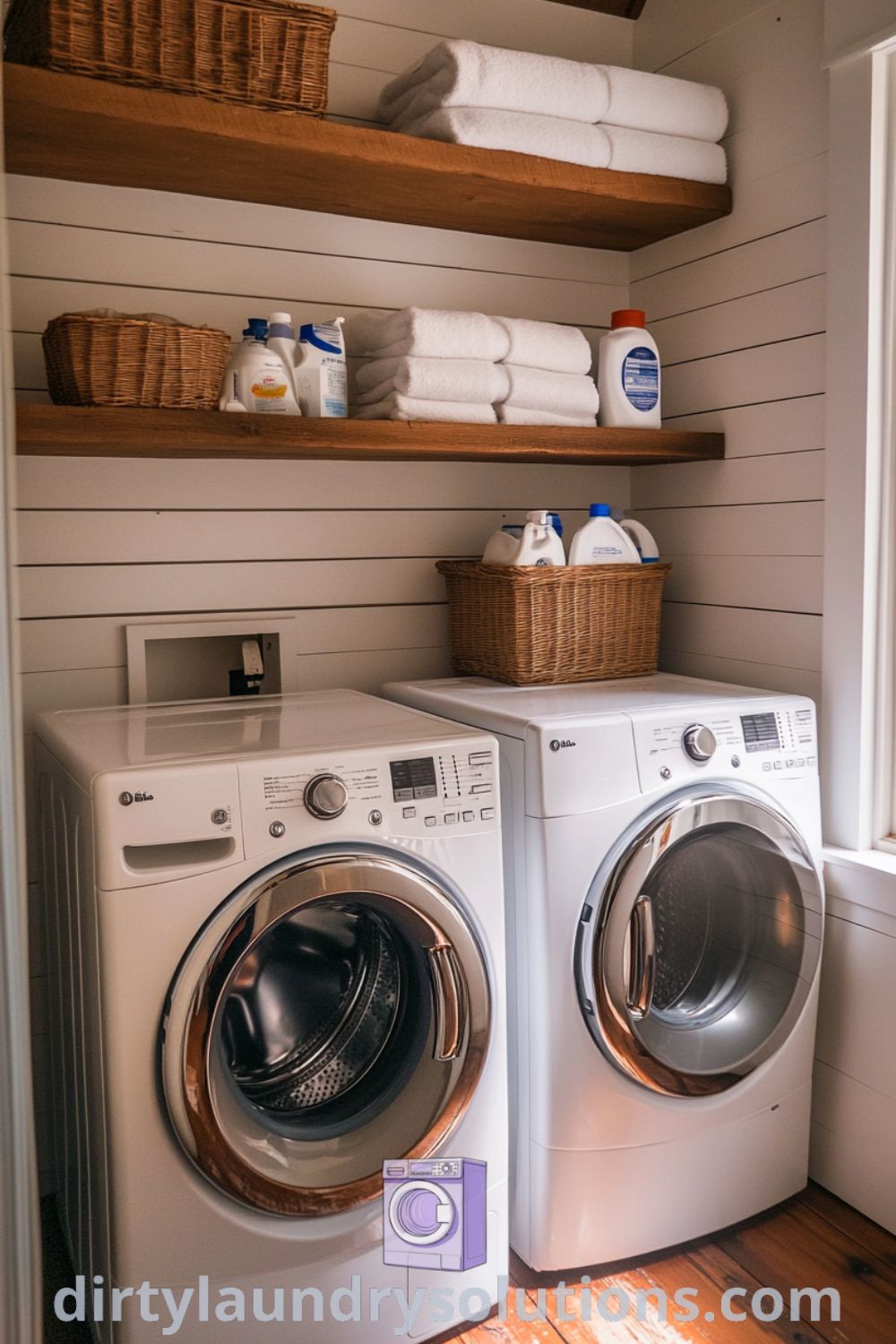 Cozy laundry corner with wooden shelving, organized supplies, and warm lighting, creating a practical yet inviting space. Discover more organization ideas and inspirations for your home at dirtylaundrysolutions.com.