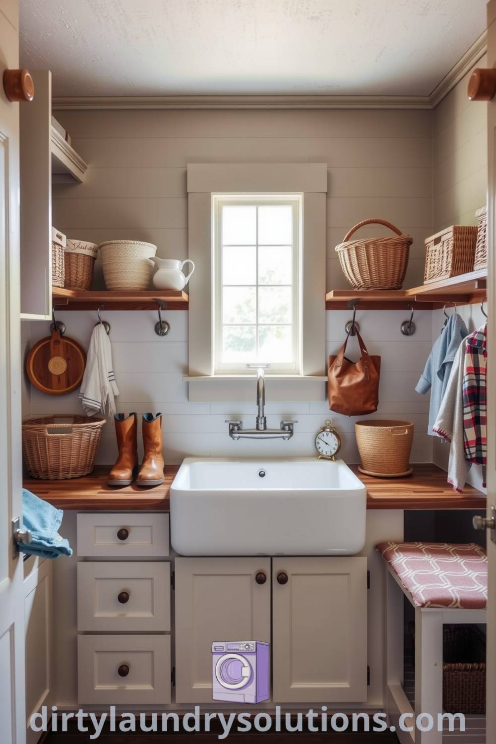 Farmhouse mudroom laundry featuring rustic wooden shelves, cozy bench, large farmhouse sink, and organized baskets for practical solutions. Discover inspiring ideas for your home at dirtylaundrysolutions.com.