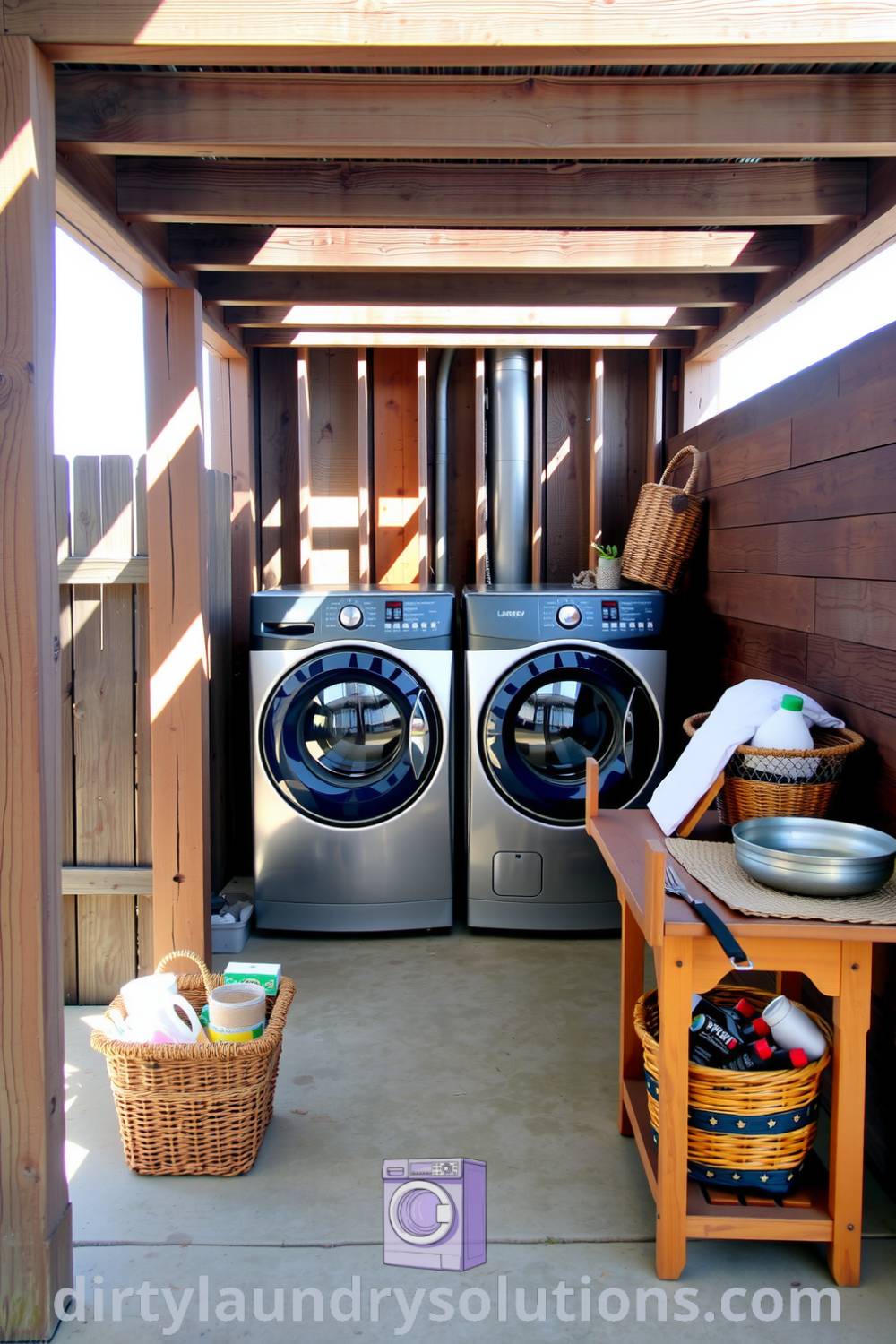 Carport laundry area featuring metal washers and dryer, illuminated by sunlight filtering through wooden beams, with a folding table and mismatched baskets for organization, creating a cozy aesthetic perfect for busy homes. Discover more unique ideas for your home at dirtylaundrysolutions.com.