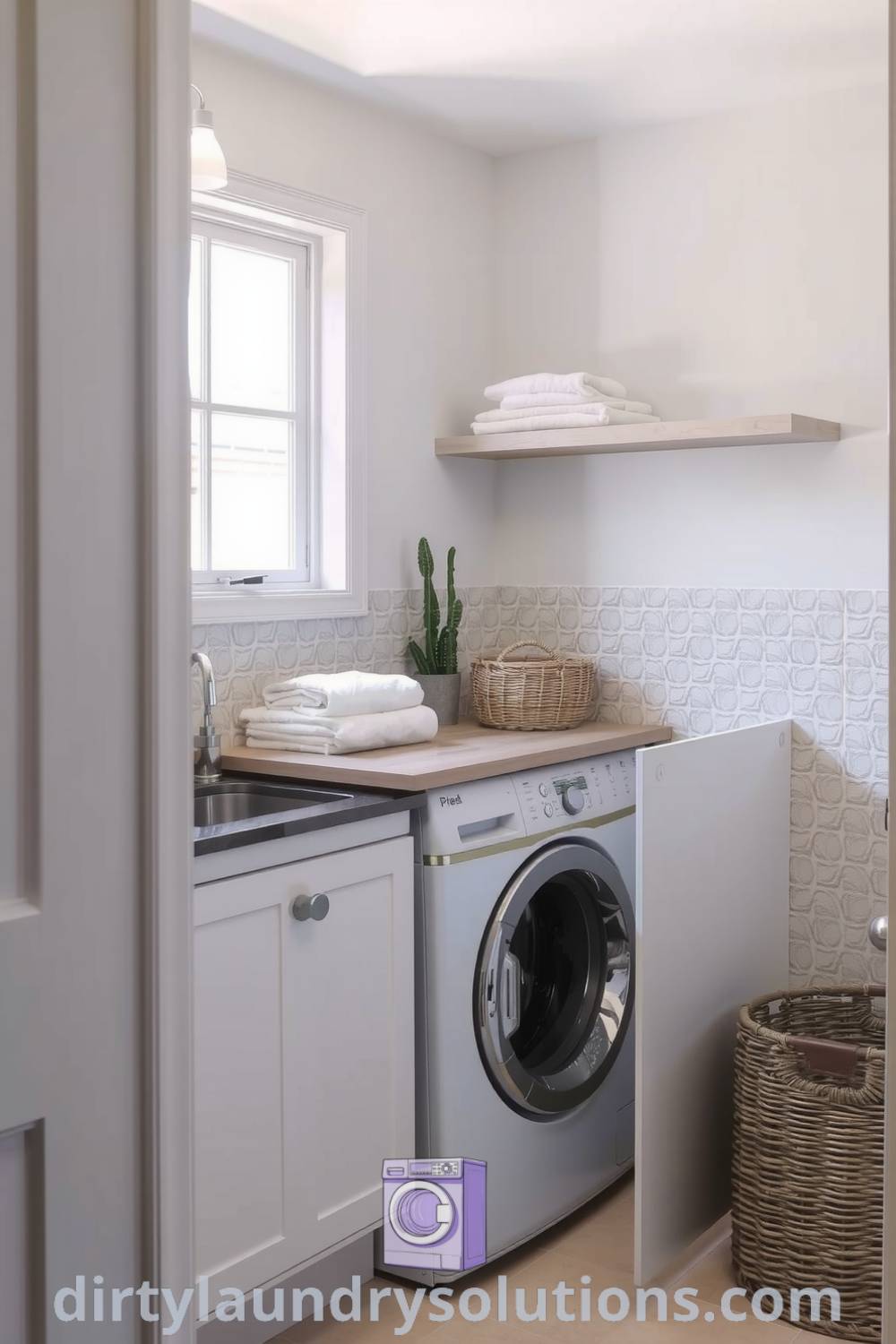 Charming bathroom laundry area featuring side-by-side washer and dryer framed by textured tiles, neatly stacked linens, warm wicker basket, and natural light creating an inviting atmosphere. Discover inspiring ideas for small spaces and practical solutions for your home at dirtylaundrysolutions.com.