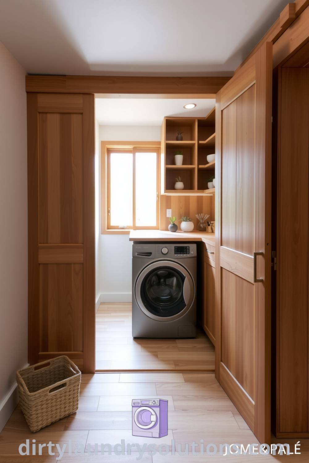 Laundry area featuring Japandi design with soft wood cabinetry, houseplants, and natural light, creating a tranquil and inspiring space perfect for busy homes. Discover more unique ideas for your home at dirtylaundrysolutions.com.