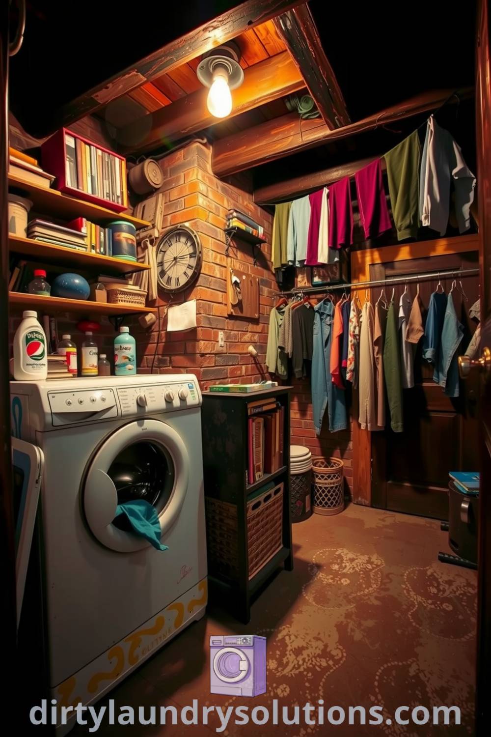 Cozy retro laundry space featuring a vintage washing machine, wooden shelves, and hanging drying clothes, creating an inviting atmosphere filled with nostalgia. Explore inspiring ideas for your home at dirtylaundrysolutions.com.