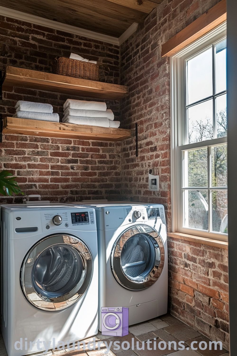 Laundry room with exposed brick wall, reclaimed wood shelves, sturdy washer and dryer, and a Pet Wash Shower, showcasing cozy and functional design ideas for your home. Discover more cozy inspirations at dirtylaundrysolutions.com.