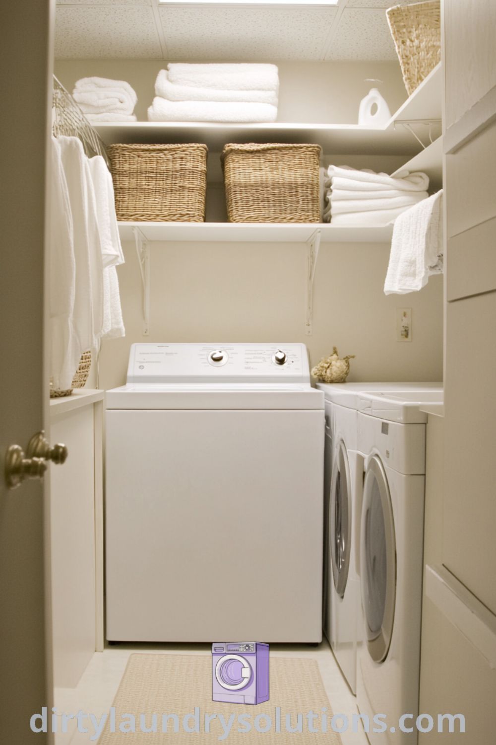 Cozy and inviting laundry room featuring white cabinets, rustic wood accents, and neatly organized baskets, perfect for small spaces. Explore unique ideas for your home at dirtylaundrysolutions.com.