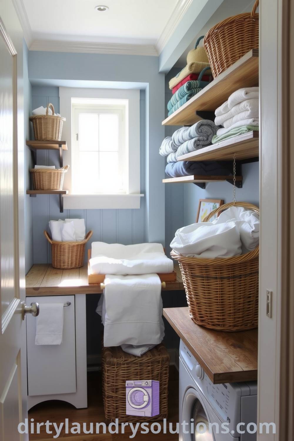 Cozy basement laundry with pale blue walls, rustic wooden shelves, and woven baskets filled with colorful fabrics, creating a tranquil and inviting atmosphere. Discover inspiring ideas for your home at dirtylaundrysolutions.com.