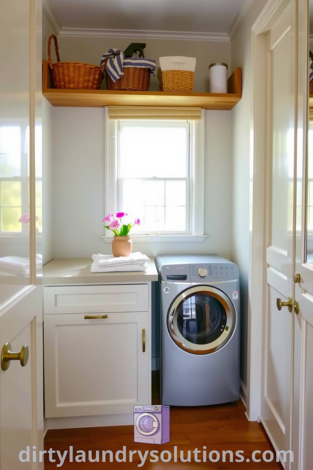 Transitional hallway laundry with pale cabinetry, warm wooden flooring, handy countertop for folding, and organized baskets creating a cozy and functional space. Explore more inspiring ideas for your home at dirtylaundrysolutions.com.