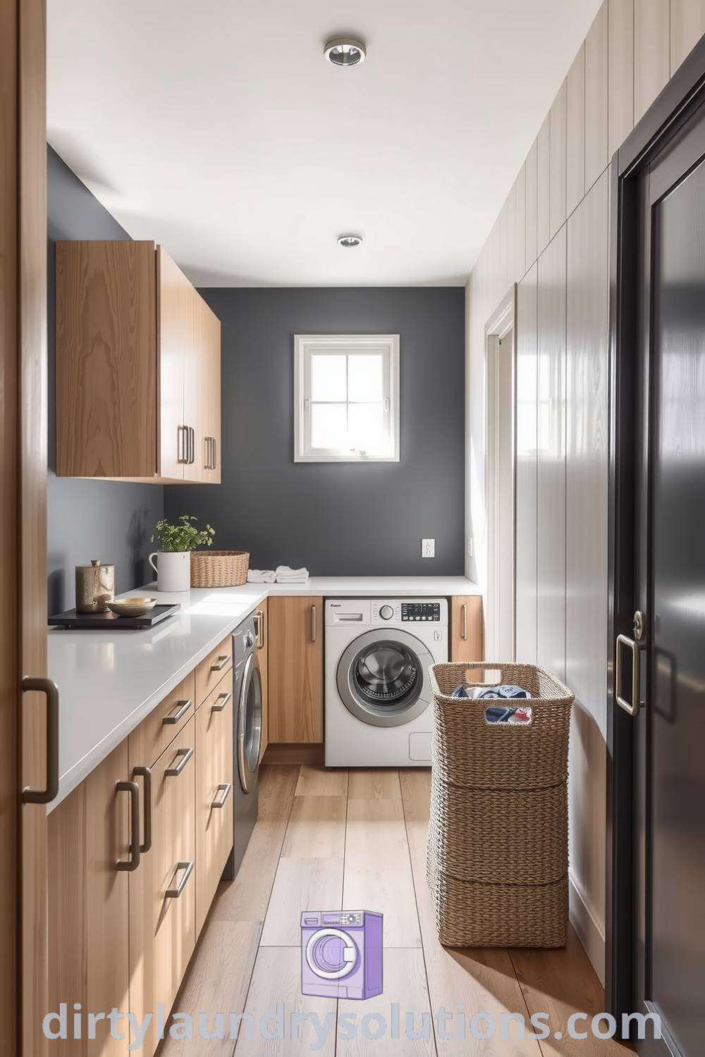 Cozy Scandinavian hallway laundry with pale wooden cabinets, brushed metal fixtures, long countertop for sorting and folding, and natural fiber basket, creating a serene and inviting atmosphere. Discover more inspiring ideas for your home at dirtylaundrysolutions.com.
