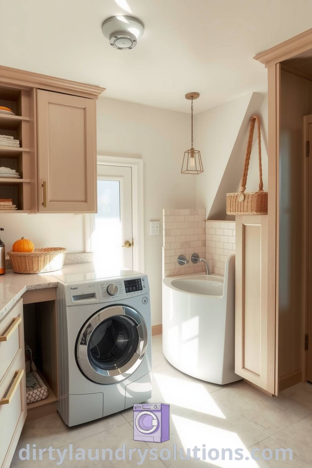 Bright indoor laundry space with washer, dryer, and Pet Wash Station featuring soft cabinetry and stone countertops, illuminated by natural light, creating a cozy and inviting atmosphere for busy homes. Discover inspiring ideas for your home at dirtylaundrysolutions.com.