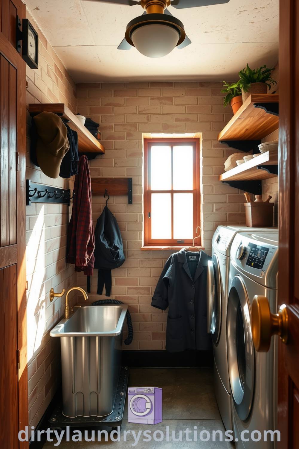 Industrial mudroom laundry featuring rugged wooden shelves, sturdy hooks, vintage utility sink, and natural light creating a cozy atmosphere. Explore unique ideas for your home at dirtylaundrysolutions.com.