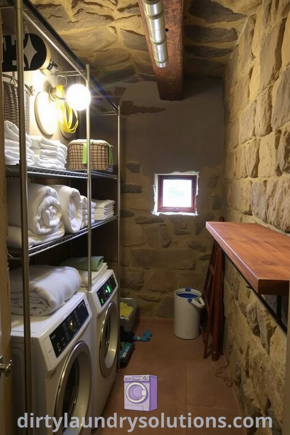 Basement laundry area with rough-hewn stone walls, metal shelving for organization, and a cozy ambiance enhanced by soft lighting, making it a practical yet inviting space. Discover unique ideas for your home at dirtylaundrysolutions.com.