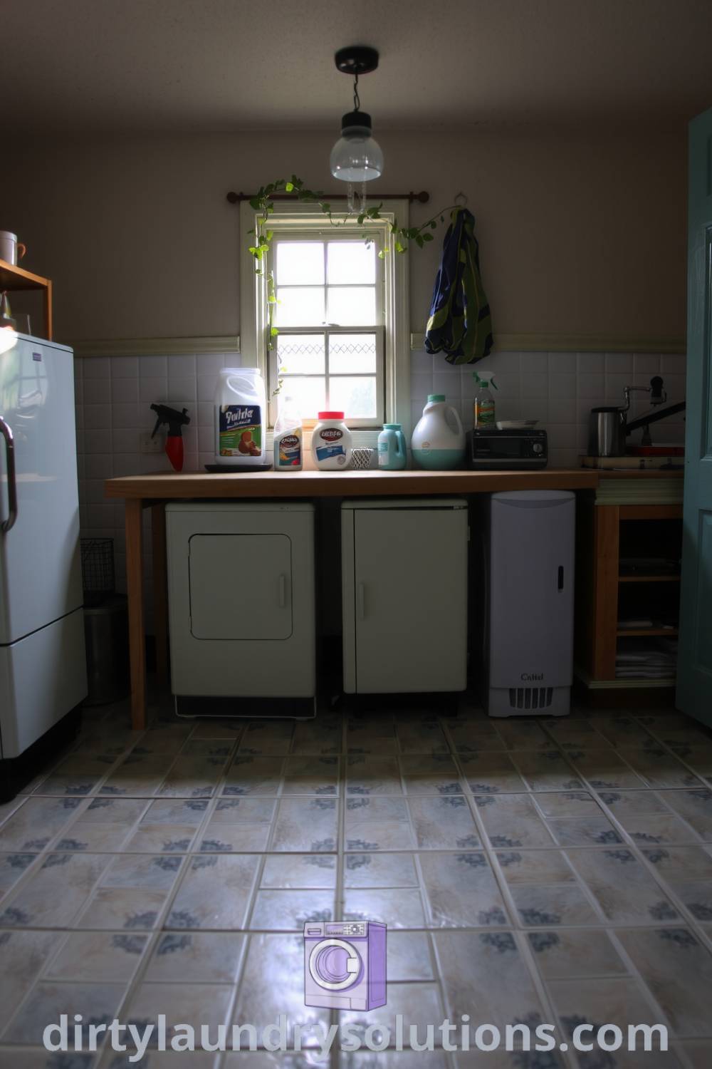Cozy vintage basement laundry with aged ceramic tiles, vintage appliances, warm lighting, and decorative vines, creating an inviting atmosphere for any home. Discover unique ideas for your home at dirtylaundrysolutions.com.