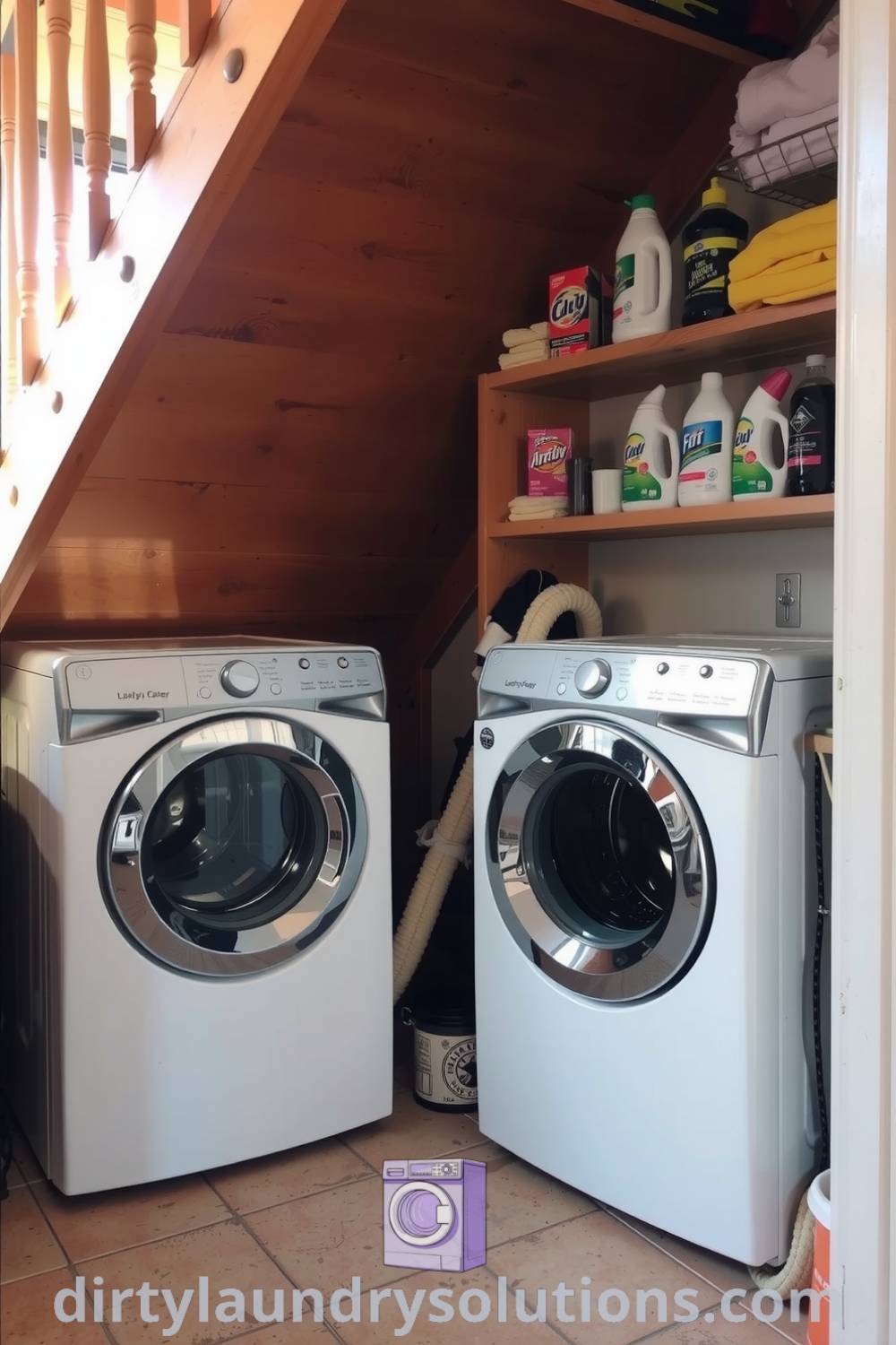 Cozy laundry room nook with soft light, organized shelves, worn tiles, and a wooden staircase, creating an inviting and practical space for busy homes. Discover unique ideas and organization solutions at dirtylaundrysolutions.com.