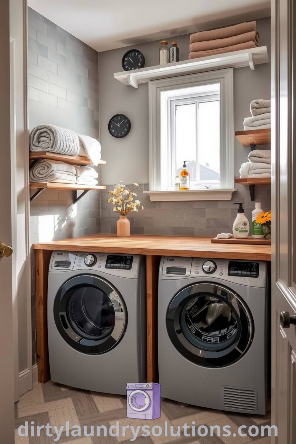 Cozy bathroom laundry featuring soft gray tiles, a sturdy wood countertop, sleek washer and dryer, and open shelving with towels and detergents, creating a warm and inviting space. Explore inspiring ideas for your home at dirtylaundrysolutions.com.