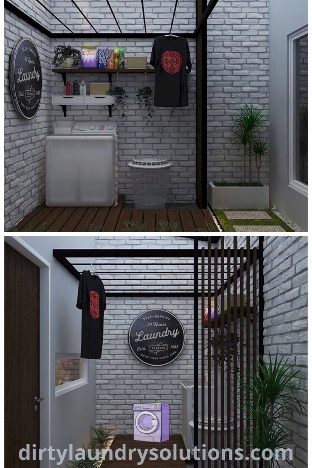 Two pictures of outdoor laundry rooms featuring white brick walls and wood flooring, showcasing stylish organization ideas and design inspiration for unique laundry spaces. Get more ideas at dirtylaundrysolutions.com.