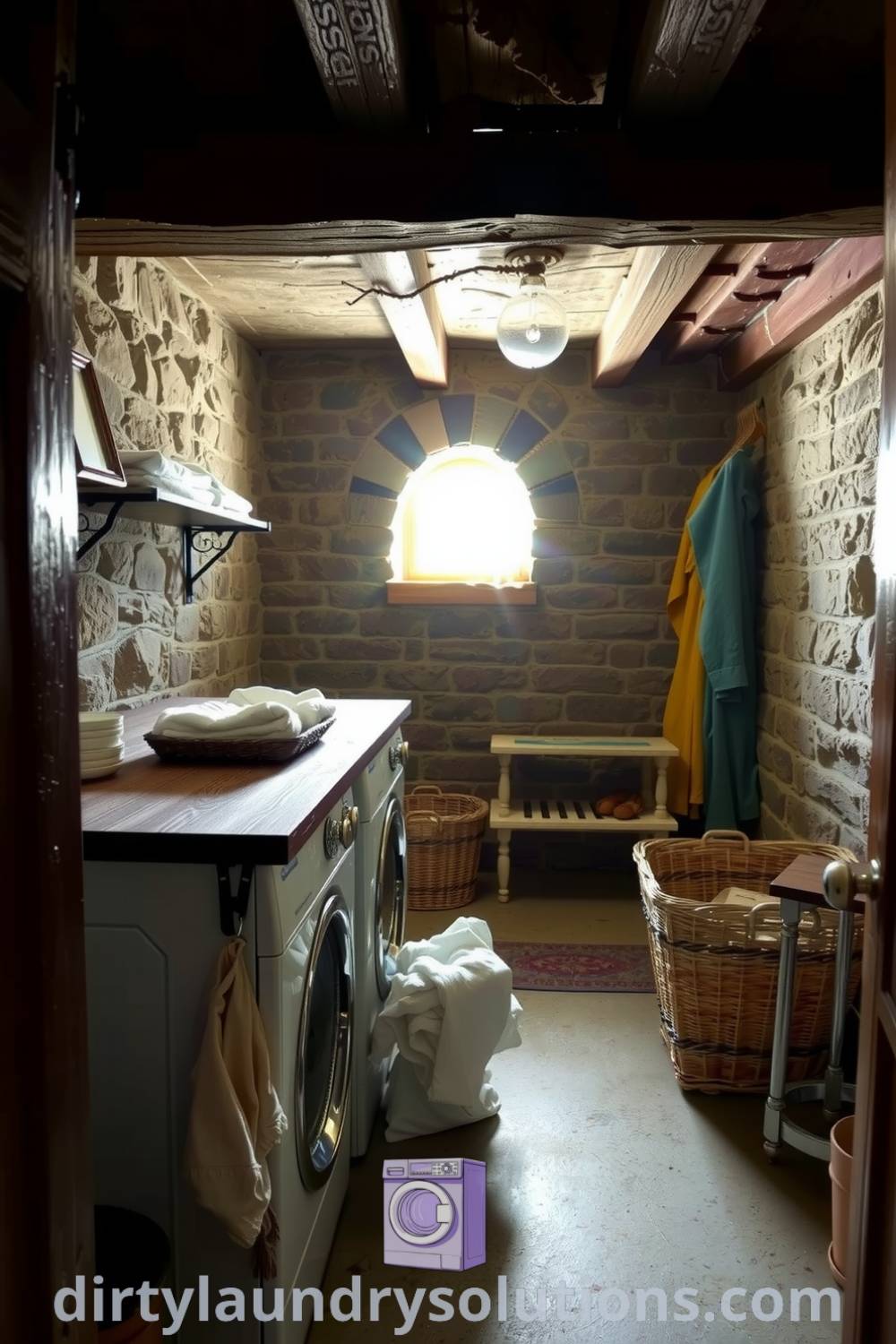 Rustic basement laundry with exposed stone walls, rough-hewn beams, a wooden countertop, and an antique basket, creating a cozy atmosphere. Discover more inspiring ideas for your home at dirtylaundrysolutions.com.
