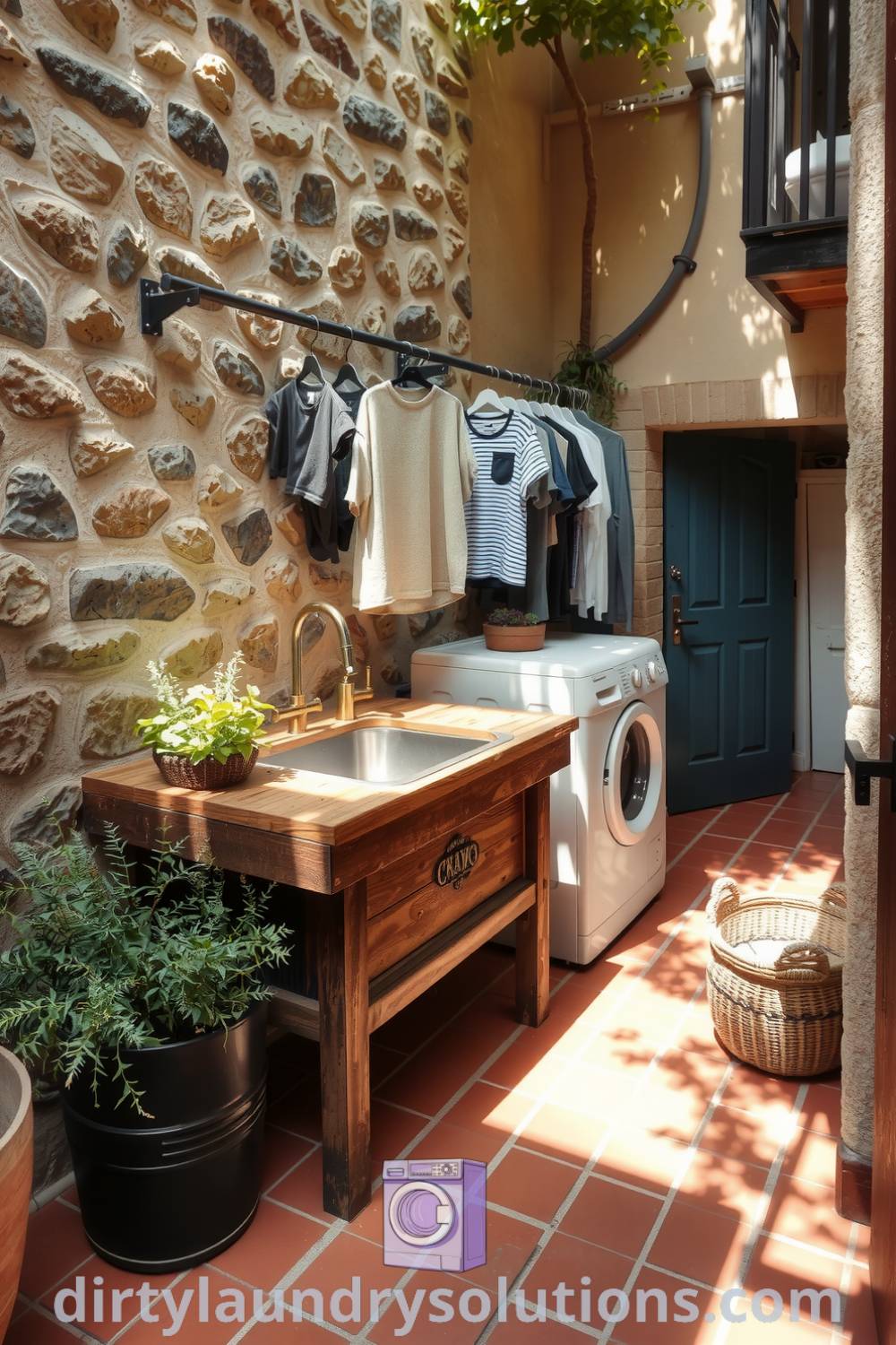 Cozy laundry courtyard with rustic stone walls, terracotta tiles, wooden countertop, potted herbs, and metal hooks for organization. Discover more inspiring ideas for your home at dirtylaundrysolutions.com.