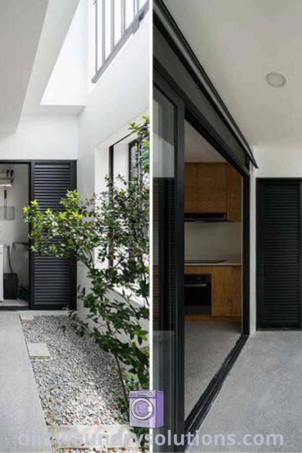 Two images of a cozy outdoor laundry area featuring a washing machine outside surrounded by plants, showcasing unique ideas for your home and inspirations for an organized service area. Discover more outdoor laundry room solutions at dirtylaundrysolutions.com.