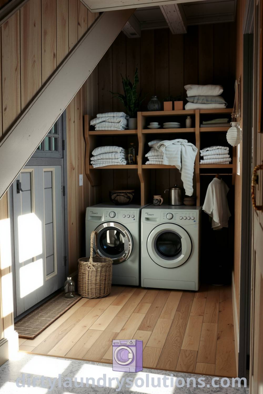 Cozy under stairs laundry with vintage washer and dryer, rustic shelving for linens and essentials, and warm lighting, creating an inviting atmosphere. Explore unique ideas for your home at dirtylaundrysolutions.com.