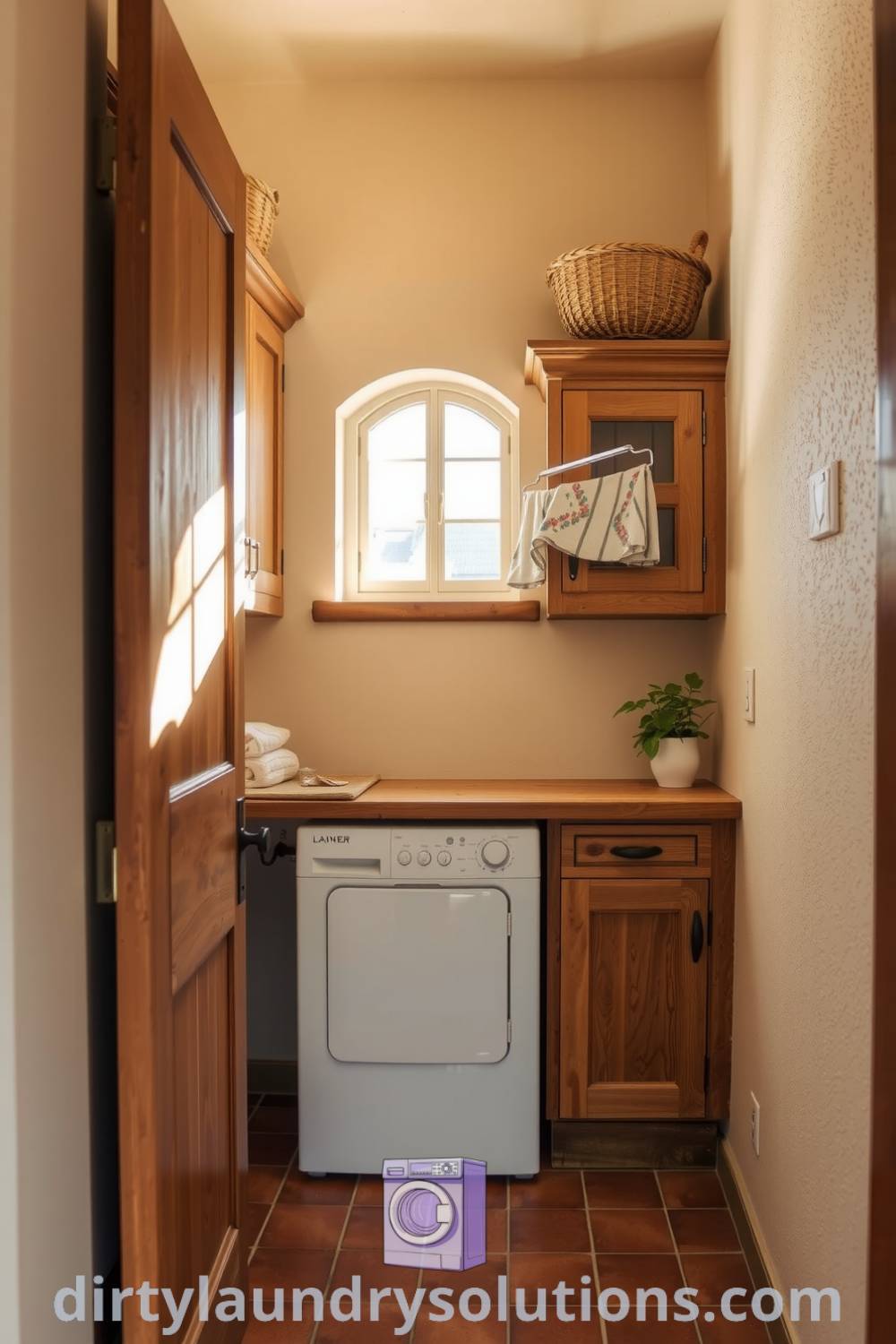 Cozy laundry room in a Mediterranean-style home featuring terracotta tiles, rustic oak cabinetry, a small arched window, and woven baskets for organization, creating an inviting space. Discover inspiring ideas for your home at dirtylaundrysolutions.com.