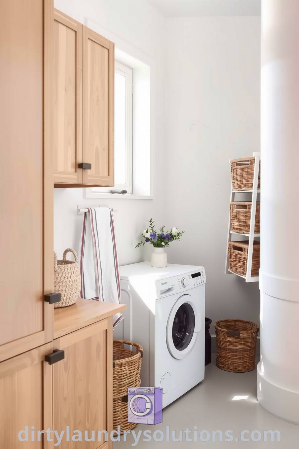 Scandinavian laundry nook with pale wood cabinetry, textured walls, minimalist drying rack, and wicker baskets, offering cozy organization ideas for small spaces. Explore unique ideas at dirtylaundrysolutions.com.