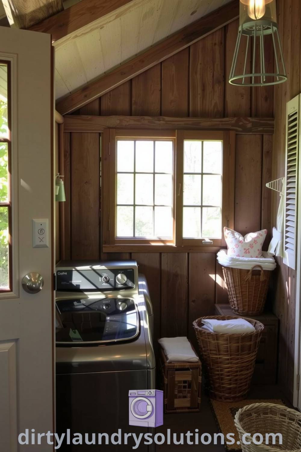 Cozy back porch laundry featuring weathered wood beams, cool metal appliances, and neatly stacked laundry baskets, creating an inviting and peaceful atmosphere. Explore unique ideas for your home at dirtylaundrysolutions.com.