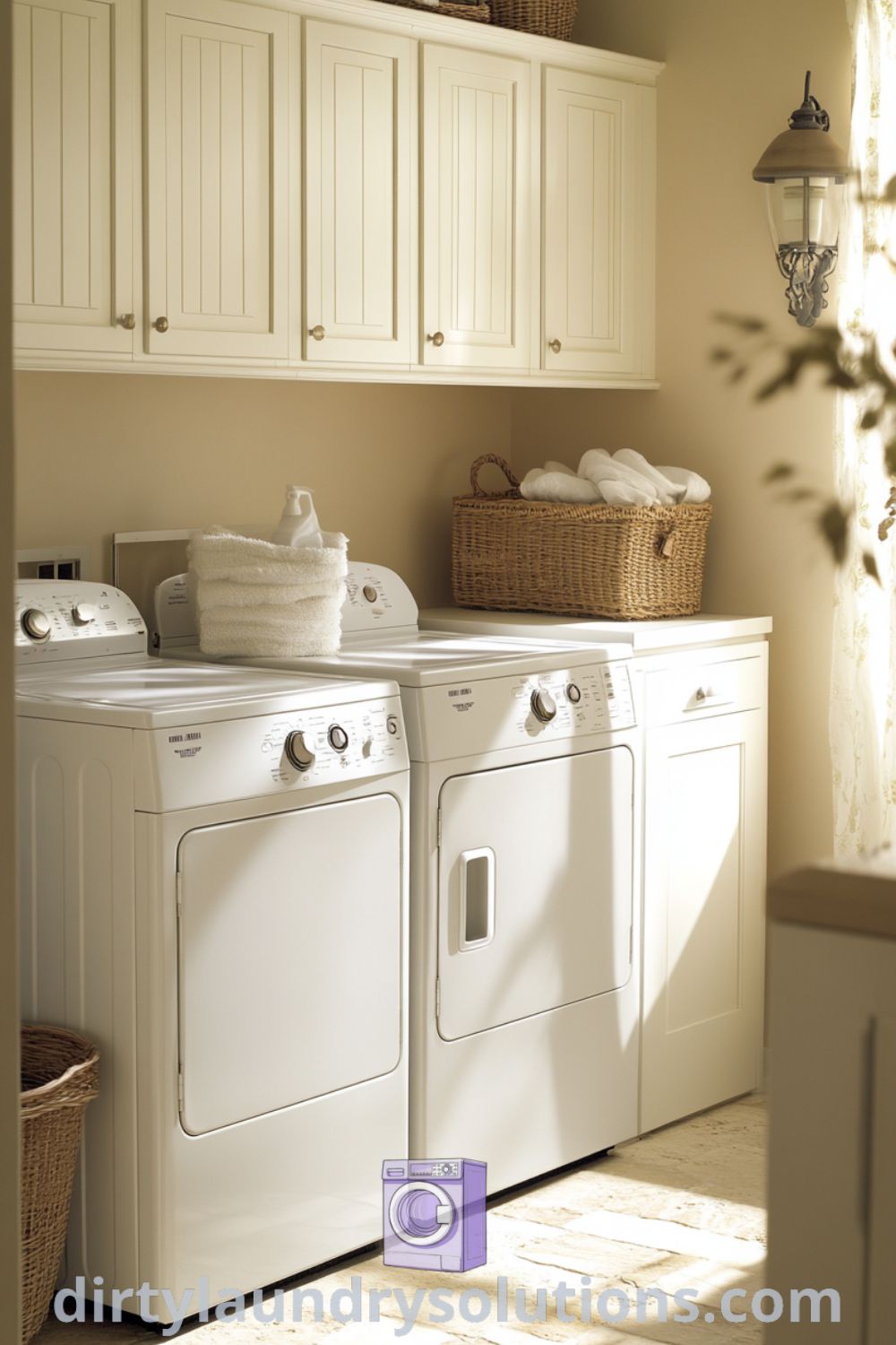 Bright laundry room with white cabinets, a textured tile floor, woven baskets, and fresh linens, showcasing cozy organization ideas that enhance a warm and inviting atmosphere. For inspiring ideas and solutions to freshen up your space, visit dirtylaundrysolutions.com.