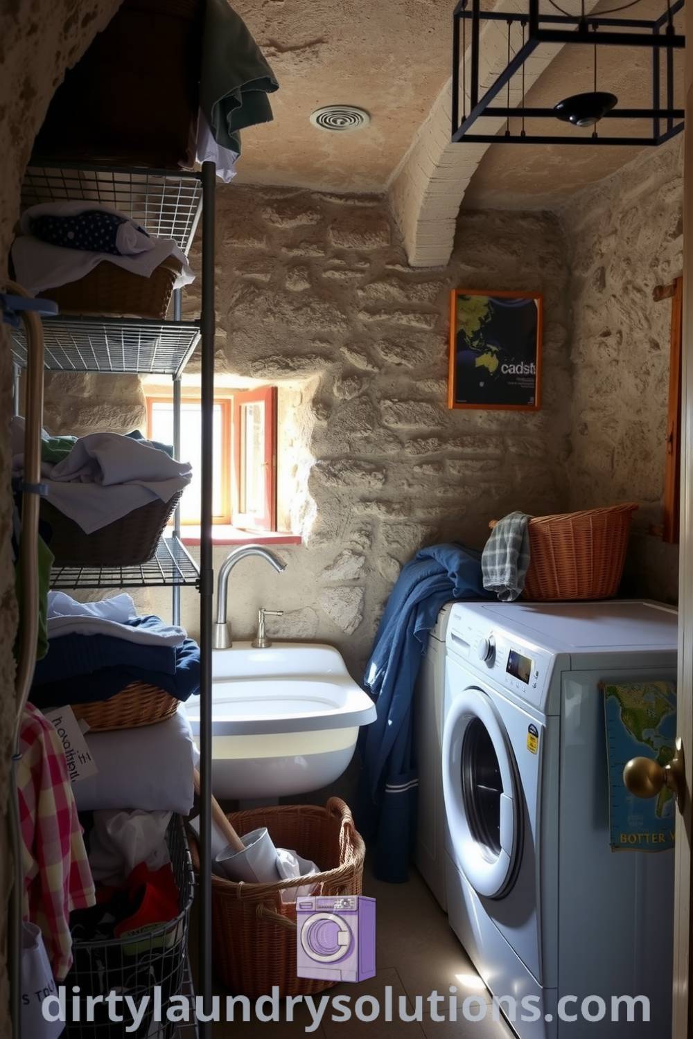 Cozy laundry basement featuring exposed stone walls, metal and wooden shelves, a washing machine, and soft light from the window, creating a warm atmosphere perfect for practical organization. Explore inspiring ideas for small spaces at dirtylaundrysolutions.com.