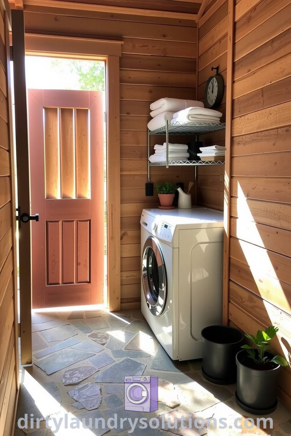 Cozy back porch laundry with weathered wood siding, stone flooring, and potted plants, creating an inviting atmosphere for managing chores. Discover more cozy ideas for your home at dirtylaundrysolutions.com.