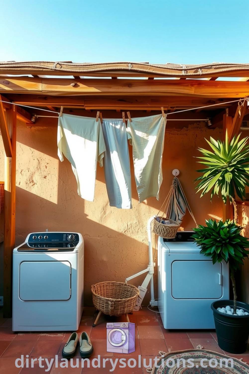 Cozy patio laundry area featuring rustic wooden beams, terracotta tiles, delighful potted plants, and a clothesline, creating a cheerful and inviting atmosphere. Discover unique ideas for your home at dirtylaundrysolutions.com.