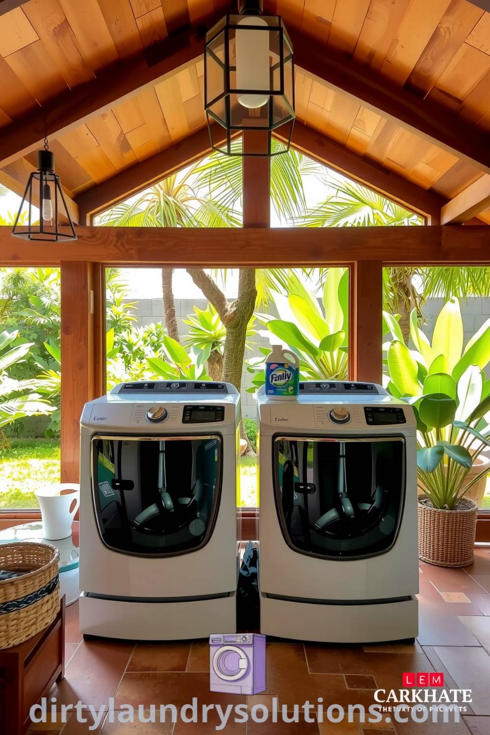 Cozy patio laundry area featuring warm wooden beams, rustic tiled floors, robust washers and dryers framed by lush greenery, creating a blend of indoor-outdoor living. Explore unique ideas for your home at dirtylaundrysolutions.com.