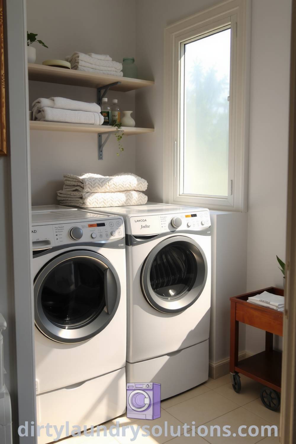 Cozy bathroom laundry retreat with side-by-side front-loading washer and dryer, sunlit pale tiles, open shelving of towels, and a warm wooden cart, offering inspiring ideas for small spaces and solutions to freshen up your space. Find more unique ideas at dirtylaundrysolutions.com.