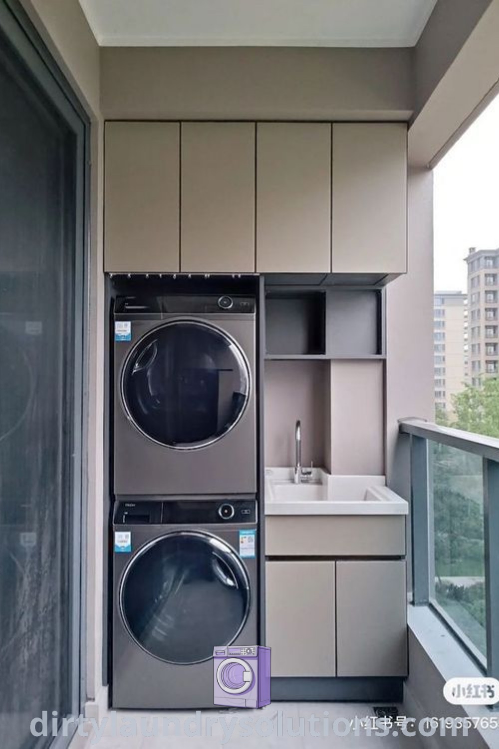 A cozy laundry setup on a balcony with a washer and dryer beside an open window, displaying a beautiful city view. This image represents inspiring ideas for small spaces and balcony laundry solutions, enhancing functionality and decor, as featured on dirtylaundrysolutions.com.