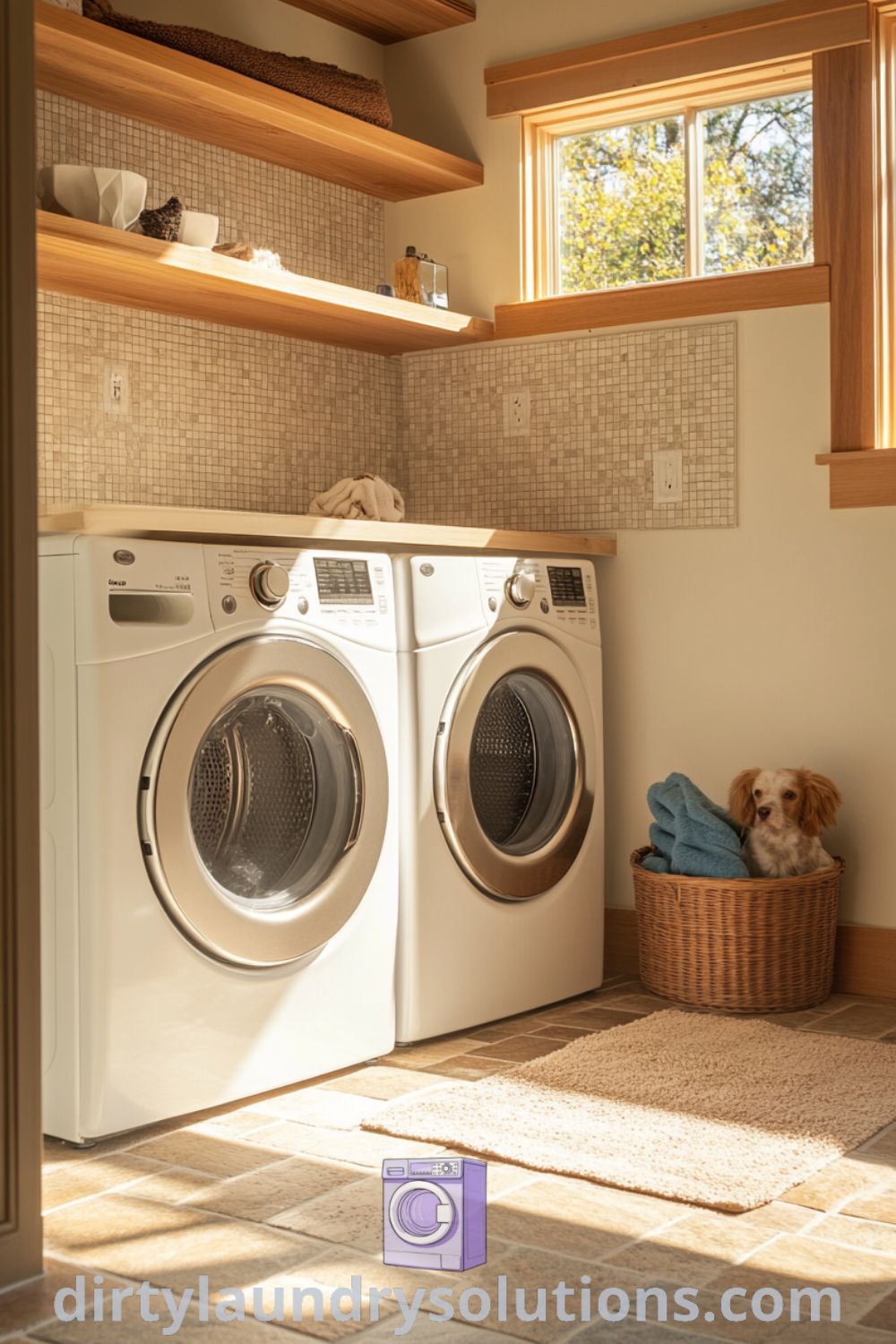 Utility room featuring washer, dryer, pet wash shower with earthy tiles, warm afternoon light, and wooden shelves for organization, creating a cozy and inviting atmosphere. Discover more cozy ideas for your home at dirtylaundrysolutions.com.
