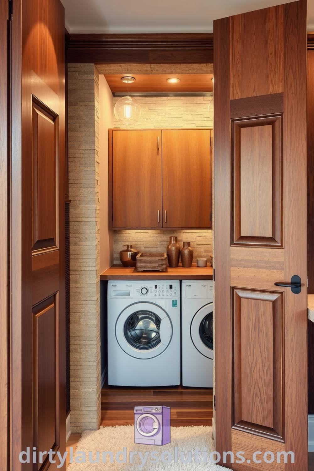 Elegant laundry space featuring textured stone walls, rich wooden cabinets, and warm pendant lighting, blending functionality with luxury and comfort, ideal for anyone seeking inspiring ideas for their home at dirtylaundrysolutions.com.