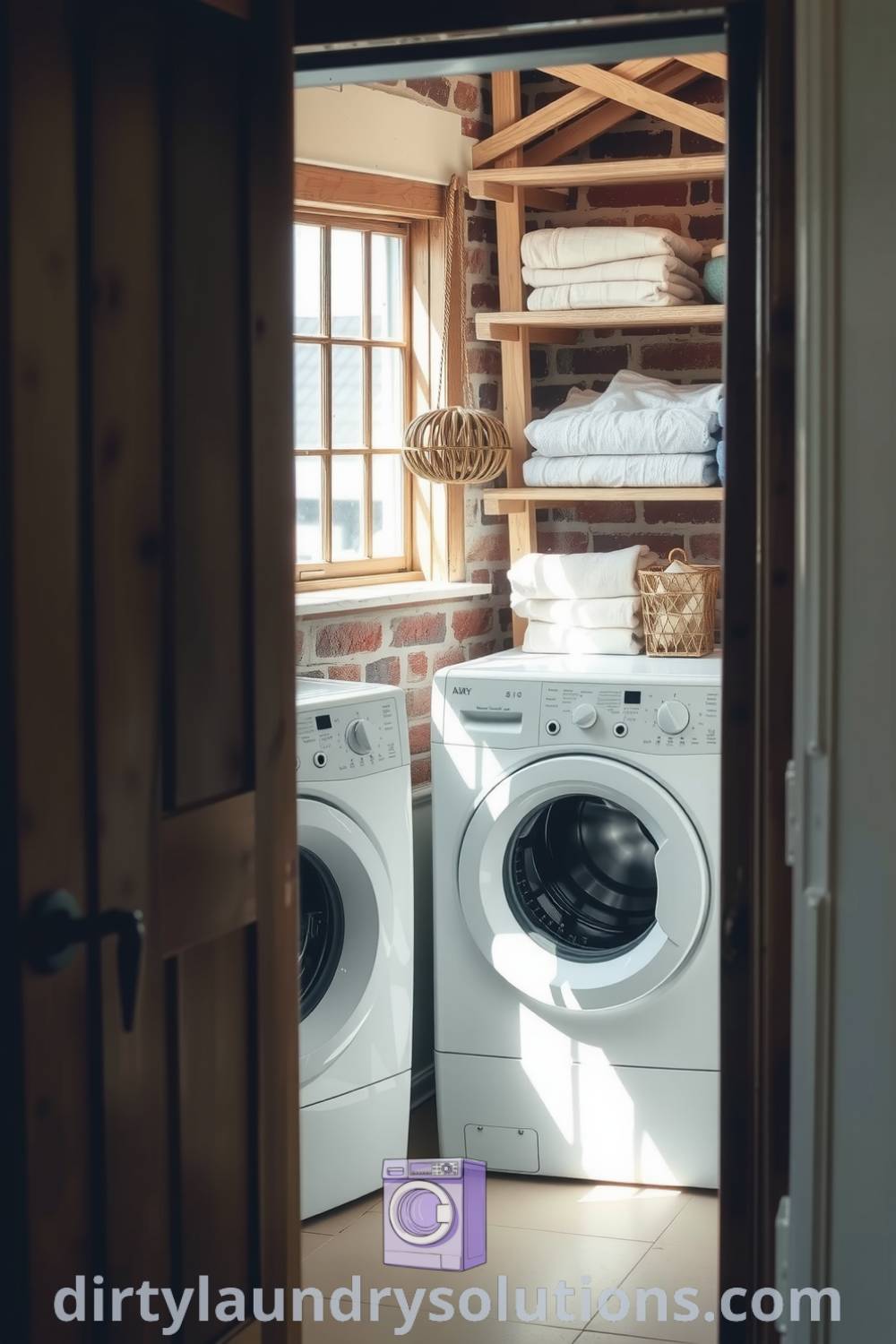 Cozy cottage laundry area featuring a washer and dryer, rustic wooden door, weathered shelves filled with linens and sachets, and soft light creating an inviting atmosphere. Explore inspiring ideas for small spaces at dirtylaundrysolutions.com.