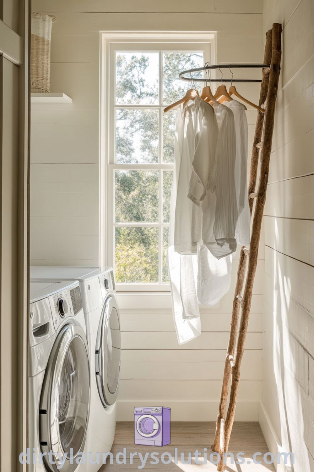 Cozy laundry room featuring rustic shiplap walls, vintage wooden clothes rack, and soft sunlight creating a warm atmosphere, offering inspiring ideas for small spaces and practical organization solutions. Explore more at dirtylaundrysolutions.com.