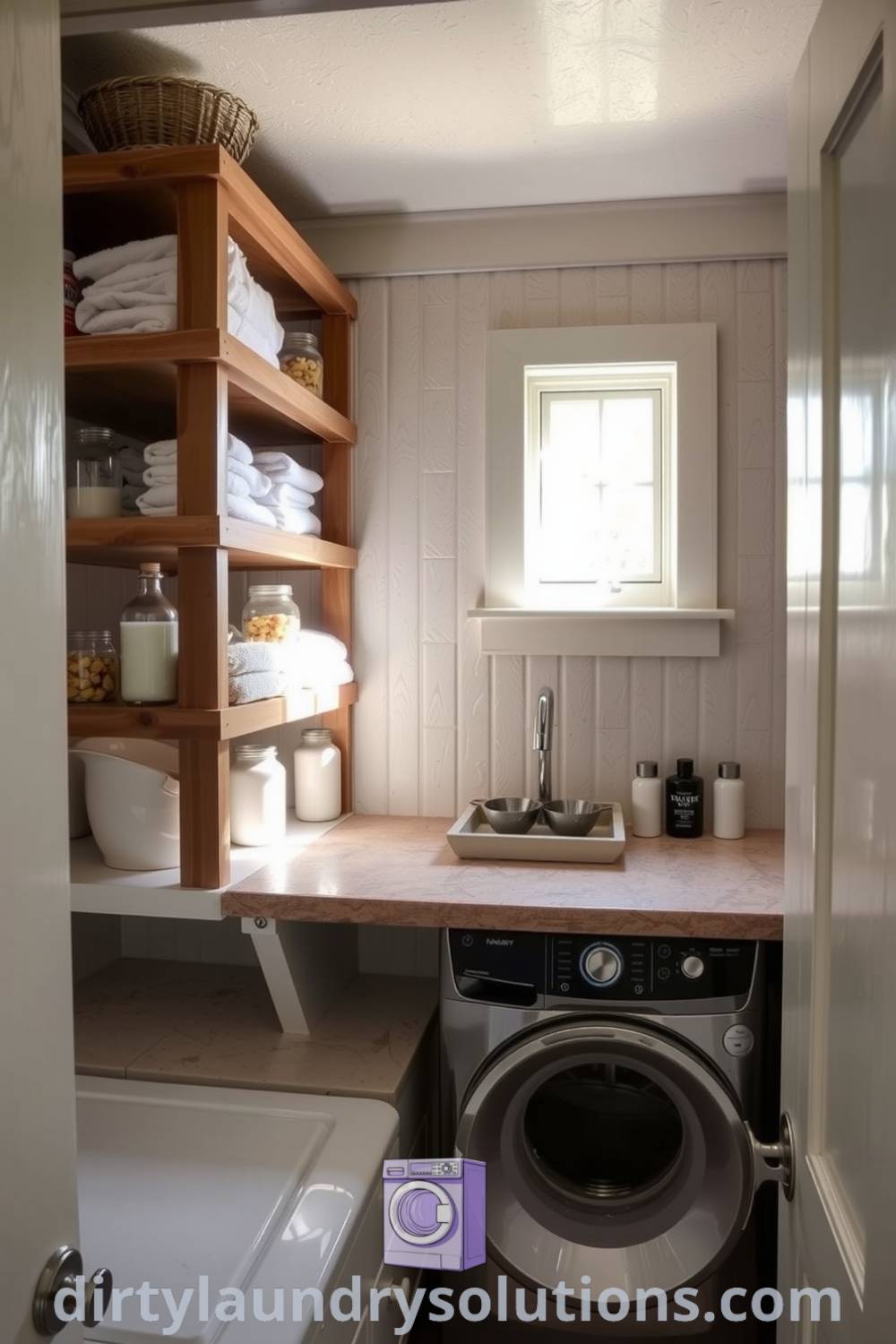 Cozy laundry room featuring wooden shelves with neatly stacked towels and jars, illuminated by natural light, with a stone countertop providing workspace, creating a warm and inviting atmosphere. Discover inspiring ideas for your home at dirtylaundrysolutions.com.