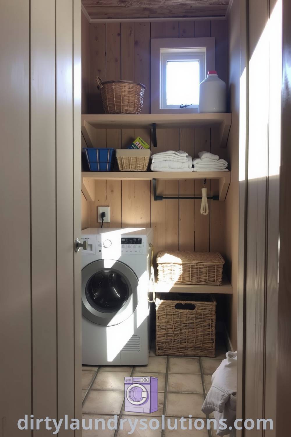 Cozy laundry room with rustic wooden shelves, worn tile flooring, sunlight streaming through a small window, stacked laundry supplies, and woven baskets, creating an inviting atmosphere perfect for organization and comfort. Explore inspiring ideas for small spaces at dirtylaundrysolutions.com.