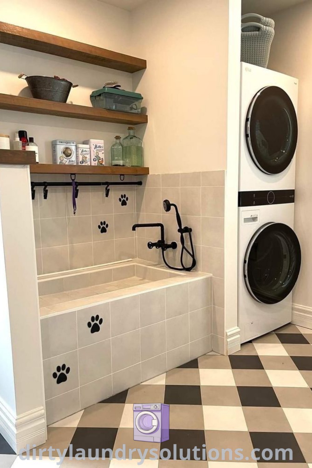 A washer and dryer in a stylish room featuring a dog washing station on black and white checkered flooring, offering practical solutions for busy homes. Discover more laundry room inspirations at dirtylaundrysolutions.com.