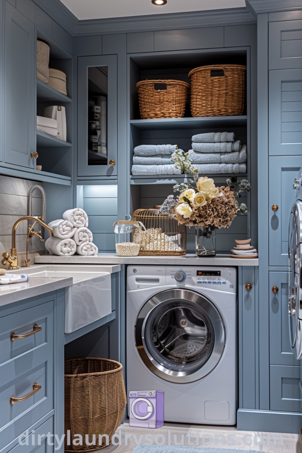 A cozy laundry room with a washer and dryer alongside blue cabinets, showcasing inspiring decor and organization ideas for laundry room layouts. Discover more at dirtylaundrysolutions.com.